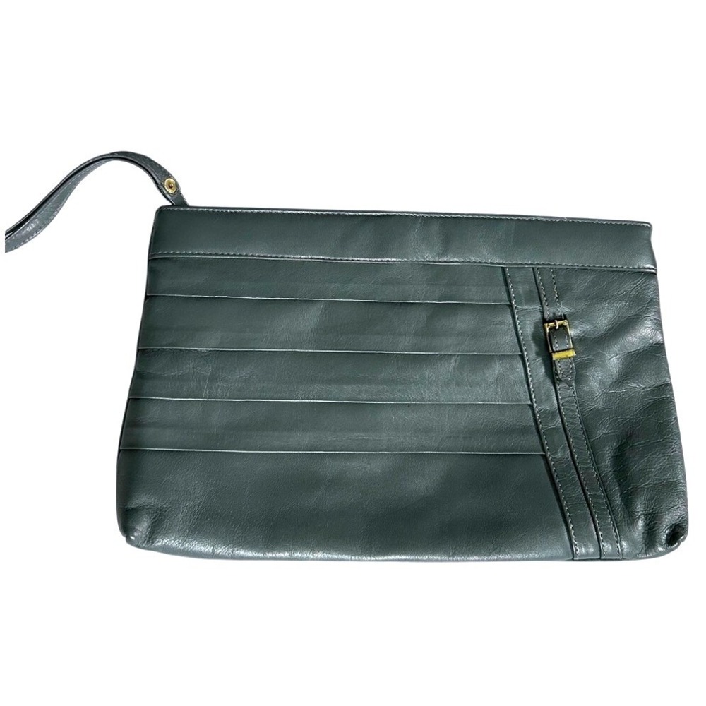 Vintage‎ Almondo Grey Leather Pleated Wristlet Clutch Bag Gold Buckle Detail
